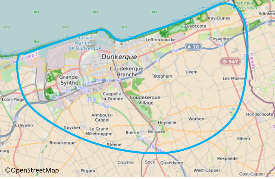 Carte environs de Dunkerque périmètre intervention