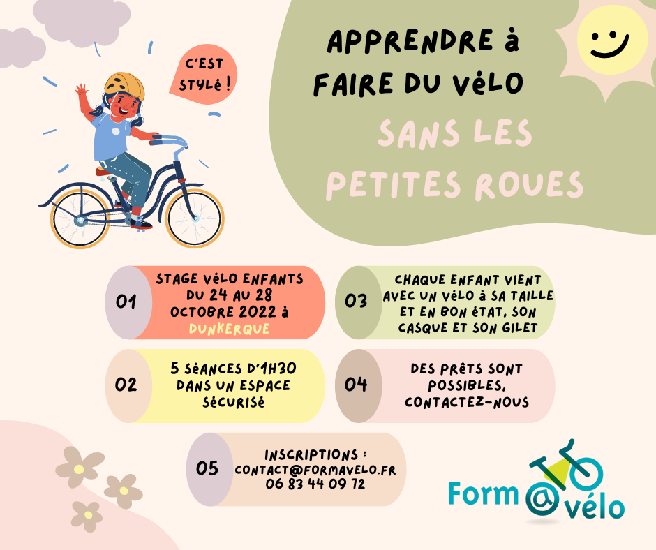Annonce stage vélo enfants débutants octobre vacances 2022 Dunkerque